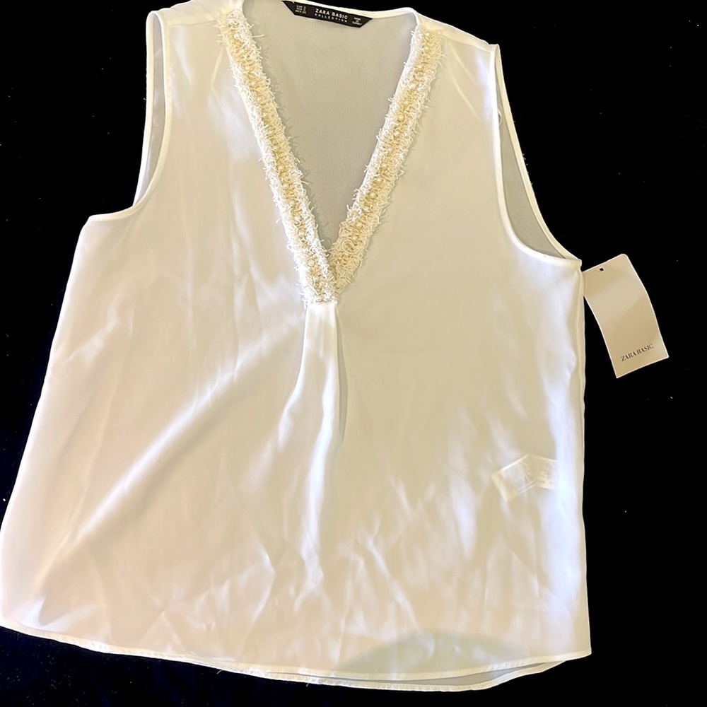 Zara Basic Sheer Blouse with Pearl V-Neck